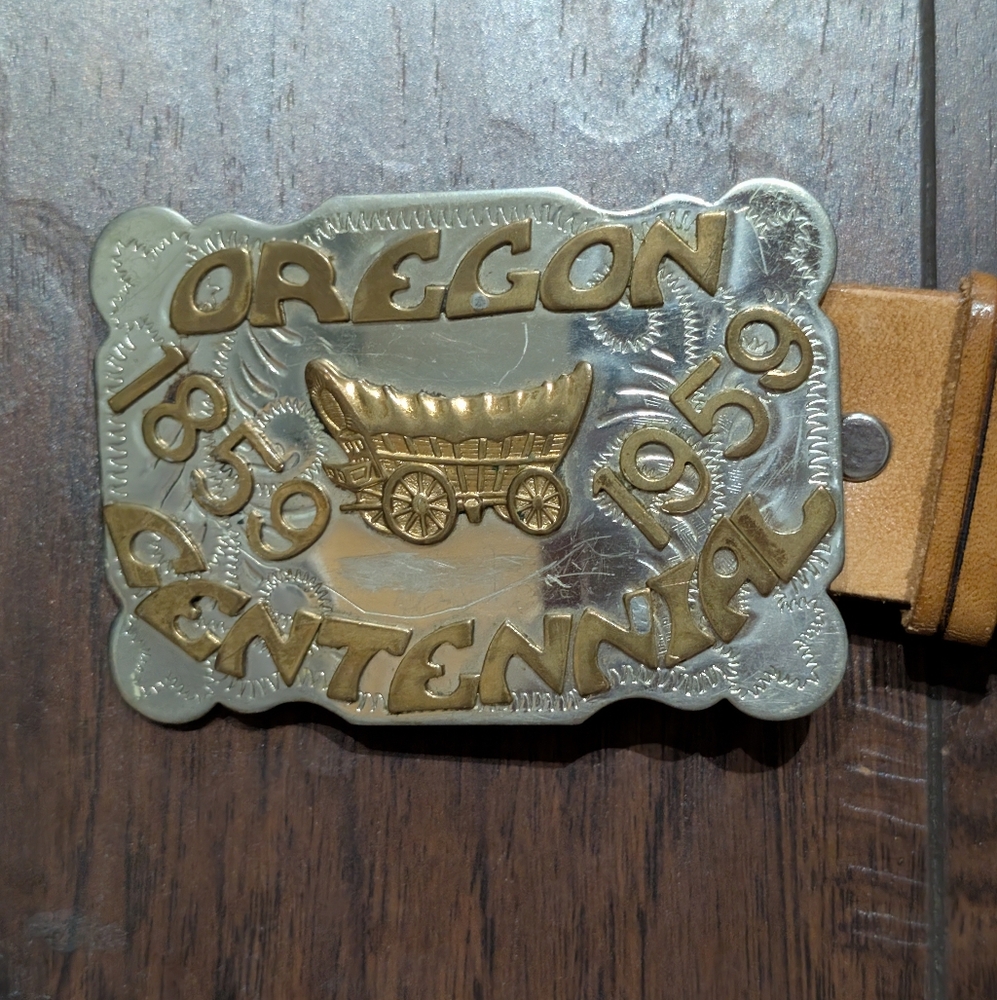 Vintage 1959 Oregon Centennial Chambers Buckle on Tooled Leather Belt